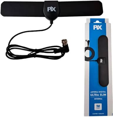Antena Interna Ultra Slim 4K, HDTV, VHF, UHF Digital Conector F 90 Graus 5DBI - Cabo 1 Metro PIX
