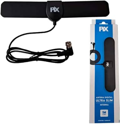 Antena Interna Ultra Slim 4K, HDTV, VHF, UHF Digital Conector F 90 Graus 5DBI - Cabo 1 Metro PIX