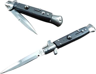 Canivete Stiletto Italiano Mafia Preto Xadrez, Cor Prateado, 1ª Qualidade