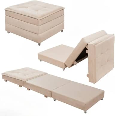 Puff Baú Quadrado MDF Com Rodinhas Vira Cama Colchão Solteiro Confortável e Moderno (Bege)