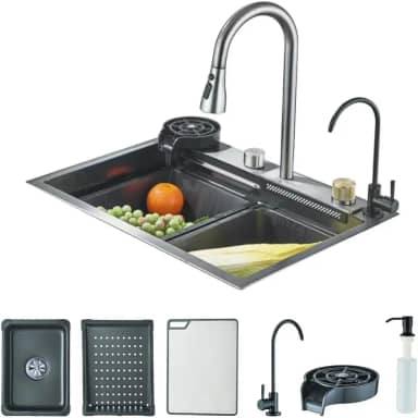 TINICO Kit Cuba Gourmet Cozinha Pia Aço Inox 304 60x45cm, Pia De Cozinha, Com Torneira Extraível, Slot Único Grande, Integrado Digital Display Faucet Set, Acessórios Para Pias