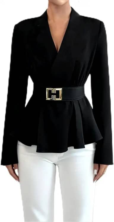 Blazer feminino de manga comprida com gola V e top formal com cinto