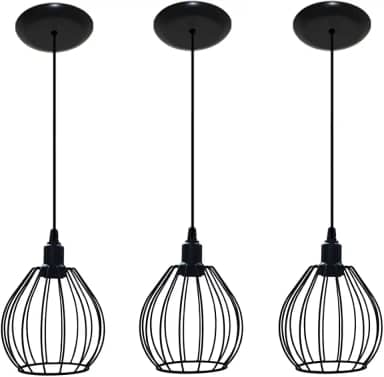 Kit 03 Lustres Luminarias Pendentes Aramado Modelo Balão estilo Retrô Cor Preto - Ideal para balcão, bancada (Preto)
