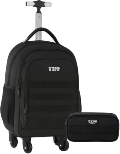 Mochila De Rodinhas 360° Tamanho Grande Com Estojo Duplo Escolar Juvenil Masculino, Preta, Com Rodas Giratórias