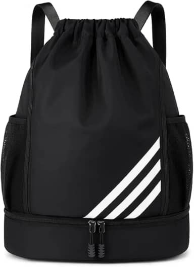 Mochila Esportiva com Cordão Espaçosa Bolsa 4 Bolsos Ideal para Esportes Chuteira Bolas Academia Material Impermeável Separação Roupas Secas e Molhadas Unissex