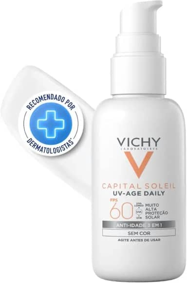 Vichy Capital Soleil Uv Age Daily Protetor Solar Facial Anti-idade 3 em 1 FPS60, Previne Rugas e Manchas Solares, com Peptídeos e Vitamina B3, Toque Seco, Sem Cor, 40g