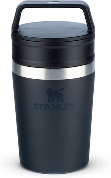 Stanley - Copo de Café Térmico, Caneca de Viagem Café Go com Tampa de Duas Partes Para Beber e Alça de Transporte, Garrafa Térmica de Aço Inoxidável, 236 ml, Black
