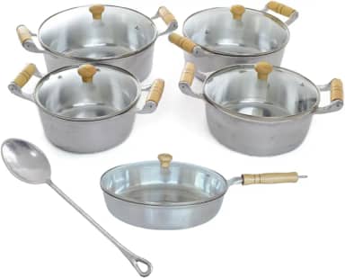 Jogo de Panelas e Frigideira Alumínio Fundido Batido Tampa de Vidro 5 Peças