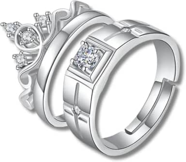 Par de Alianças de Compromisso em Aço Inoxidável Banhado a Prata Unissex Ajustáveis King and Queen – Acompanha Bolsa de Veludo