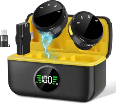 Microfone Lapela, Microfone Lapela Sem Fio para iPhone/Android, Cancelamento de Ruído Inteligente, Kit Duplo com Case de Carregamento, Redução de Ruído e Som Profissional, Transmissão Sem Fio de 300M