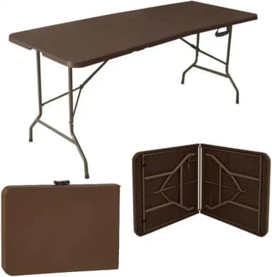 Mesa Dobrável Portátil com Alça | Maleta Prática 1.80m | Ideal para Camping, Pesca e Jardim (Marrom)