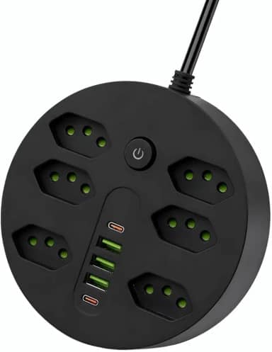 Extensão Tomada, Régua Tomada, Régua de Energia, 6 Tomadas, 3 Interfaces USB, 2 Porta USB Tipo-C, Cabo de Alimentação de 1,9 metros, Suporte a Tensão de 110-220V, Potência de 2500W, Preto (Preto)