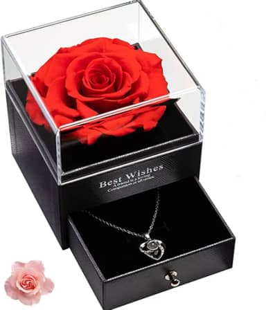 Caixa de Presente de Joias Flor de Rosa Rosa Eterna, Presente Romântico para Namorada, Esposa, Mãe, Aniversário, Dia dos Namorados, Dia das Mães, 11 cm x 1 cm x 15 cm, 1 Unidade