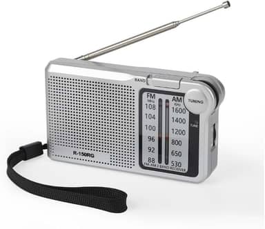 Rádio Portátil AM/FM, Rádio de Bolso, 2 Bandas, Alimentação por 2 Pilhas AA(Não inclusas) e Cabo USB tipo C, Antena e Entrada para Fone de Ouvido