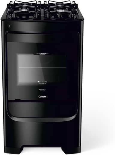 Fogão Consul 4 bocas preto com mesa de vidro e grades individuais super estáveis - CFO4VBE BIVOLT