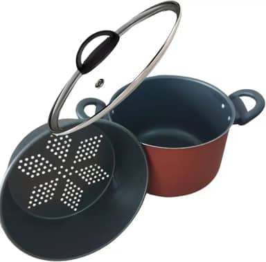 Panela Multiuso Vermelha Com Forma Antiaderente Preta Legumes a Vapor