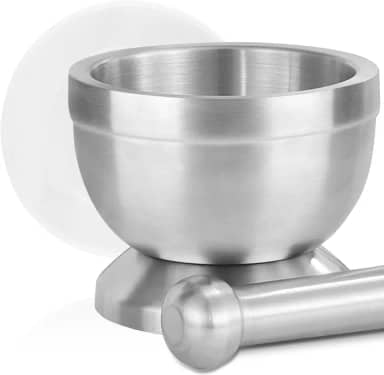 11,7 × 9,7 cm, Pilao, Aço Inoxidável Pilao Vem com Tampa, Pilão com Socador, Pilao com Socador, Pilão, Socador Alho, Socador de Alho Pilao, Prata