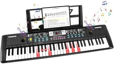 Teclado Musical Digital, 61 Teclas Iluminadas,Piano Digital para Iniciantes, modo de ensino, 200 Tons, 60 canções de demonstração, microfone, suporte musical, Bateria Recarregável