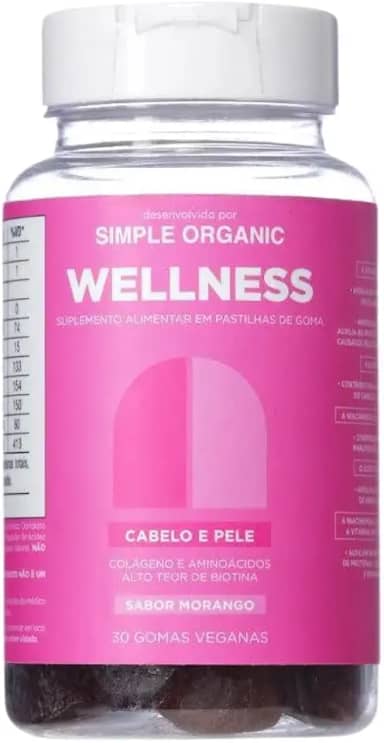 Gummy Cabelo e Pele Sabor Morango Vitaminas C, A, B6, B12, Biotina, Ácido Fólico e Niacinamida Simple Organic