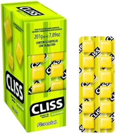 Cliss Chiclete Sabor Maracujá, 12 Cartelas com 12 Unidades, Total 144 Chicletes