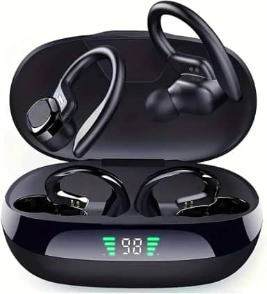 Fones de ouvido sem fio para esportes em forma de gancho com Bluetooth 5.4, qualidade de som Hi-Fi e longa autonomia – A escolha perfeita para atividades esportivas e ao ar livre (Preto)