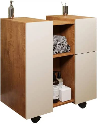 Gabinete Armario Banheiro Pia de Coluna Macau com Rodízios Nature/perola