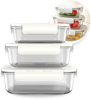 Conjunto Kit de 3 Potes Herméticos de Vidro 375ml 640ml 1000ml com 4 Travas Empilhavéis co Vedação de Silicone Seguro para micro-ondas, forno, freezer e lava-louças, sem BPA