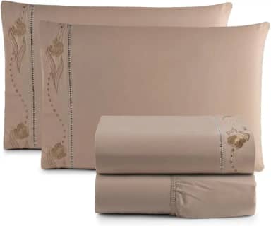 Jogo de Cama Lençol Queen Bordado Imperial Realeza 4 Peças 200 Fios Percal 100% Algodão (CÁQUI)