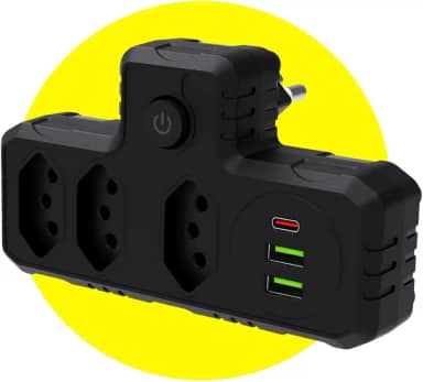Extensão Tomada Régua Elétrica 3 Tomadas, 2 entradas USB, 1 Porta USB Tipo-C, Adaptador T Benjamin, Suporte a Tensão de 110-220V Filtro de Linha Bivolt Potência de 2500W (Preto)