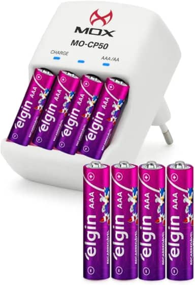 Carregador Mox + 8 pilhas AAA recarregáveis 1000 mAh Elgin