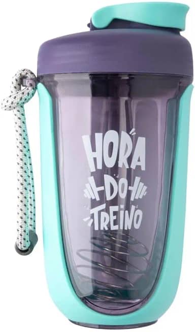 Coqueteleira Shakeira Whey para Academia e Treino com Misturador e Alça Esfera Mola Frase Hora do Treino 550 Ml (Azul)