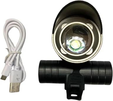 Lanterna LED Multifuncional 2 em 1: Farol para Bicicleta e Lanterna de Cabeça Recarregável via USB, acompanha faixa ajustável para usar na cabeça, 3 modos de iluminação, produzido em Alumínio.