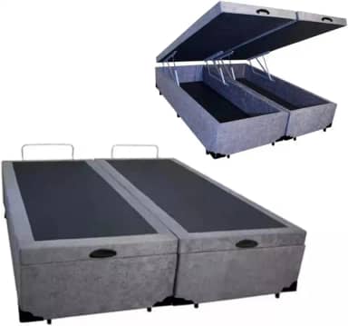 Cama Báu Box Base King Size Bipartido Suede Cinza, RC. 203x193 com Pistão a Gás.