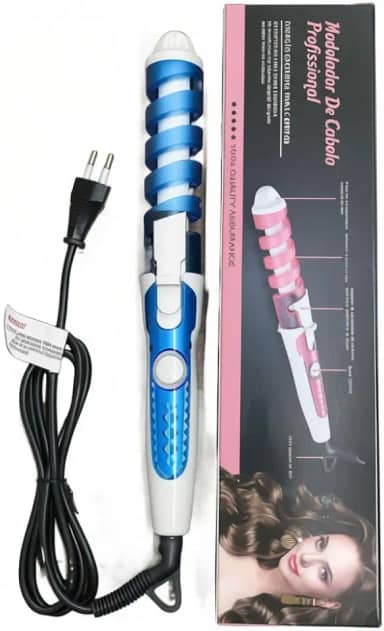 Modelador de Cachos Automático Profissional, Ferro de Ondular Elétrico, Azul e Branco, com Tecnologia de Enrolamento Automático para Cachos Perfeitos e Duradouros