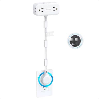 TROND Extensor de tomada giratório de 360° 91 cm - cabo de extensão flexível, divisor de tomada de parede multiplugue, 4 AC 4 USB, montável para tomada de alcance rígido no quarto, casa, escritório