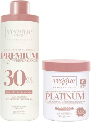Kit Água Oxigenada 9% 30 Volumes 900ml e Pó Descolorante Platinum Ultra Rápido Veggue Profissional 500g