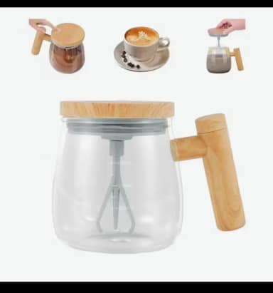 Caneca Mixer Automática com Tampa de Madeira, 400ml, para Café, Achocolatado, Leite e Shakes, Misturador Elétrico com Carregamento USB-C, Design Moderno e Elegante