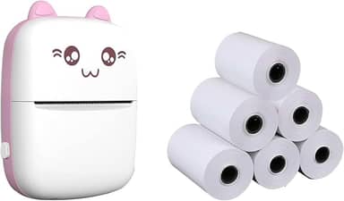 Mini impressora térmica portátil sem fio BT 200dpi Photo Label Memo Pergunta errada Impressão com cabo USB + 5 rolos Rolo de papel térmico 57 * 30mm Perguntas erradas Notas Impressão de papéis (Rosa)