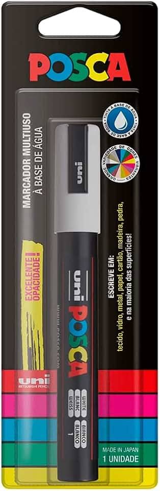 POSCA, UNI, Caneta Marcador PC-5M, Ponta Média, traço de 2,5mm a 6,8mm, Branca, Blister com 1 Unidade