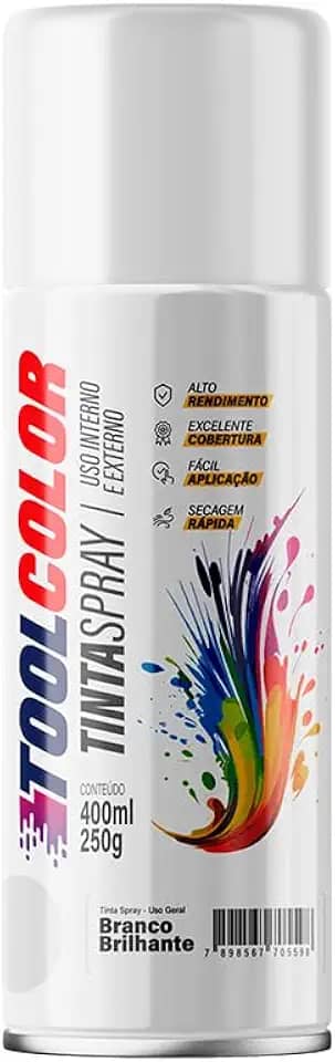 Tinta Spray Uso Geral 400ml, TOOLCOLOR, Branco Brilhante, TE0100018
