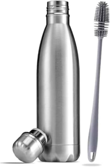 Garrafa Térmica Aço Inox água Gelada Anti Vazamento 1 Litro de Dupla Camada com Tampa Rosqueável + Escova Silicone para Limpeza (1 Litro)
