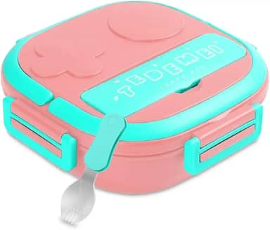 Marmita Térmica Infantil com divisórias + Garfo pote retangular com tampa lancheira (Rosa)