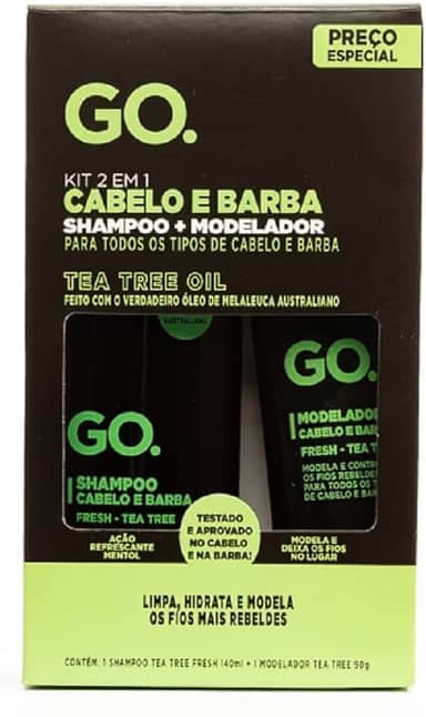 Kit Shampoo + Modelador cabelo e barba Tea Tree, anti coceira e anticaspa natural, Go Man