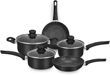 MTA - Conjunto de Panelas com 5 Peças em Revestimento Cerâmico e Tampa de Vidro, Cor Preta, Linha Serena.