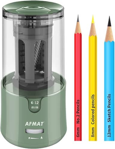 AFMAT Apontador de lápis elétrico - parada automática, super afiada e rápida, apontador elétrico de lápis, plugue para lápis de cor nº 2 de 6 a 12 mm - escritório/casa - verde