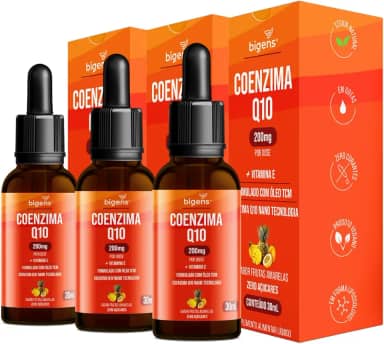 Coenzima Q10 200mg com Vitamina E e Óleo TCM, Sabor Frutas Amarelas, Zero Açúcares, Kit 3x 30ml Bigens.