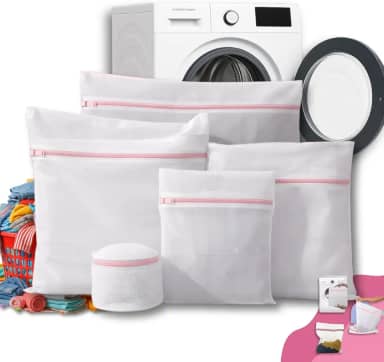 Kit com 5 sacos de malha para lavar roupas delicadas. Protege lingerie, sutiã e roupas íntimas na máquina. Tamanhos P, M e G – Qualidade Premium LNSTORE