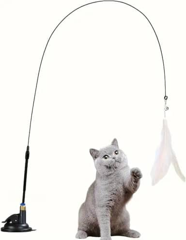 Varinha Interativa Para Gatos Com Penas, Sino e Ventosa Brinquedo De Estímulo E Caça Para Filhotes E Gatos Adultos (SORTIDO)