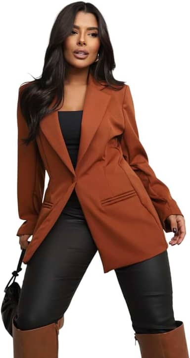 Blazer Feminino Alfaiataria Alongado Social Terninho (BR, Alfa, G, Regular, Regular, Caramelo)