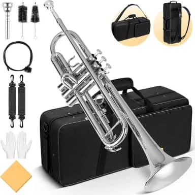 Conjunto de trompete padrão Bb: instrumento de trompete de estudante de cobre com luva de bocal 7C de casca dura, adequado para orquestra de banda de estudante iniciante ou avançada （prata）